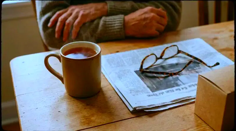 A steaming mug of herbal tea beside a folded county newspaper on a wooden kitchen table