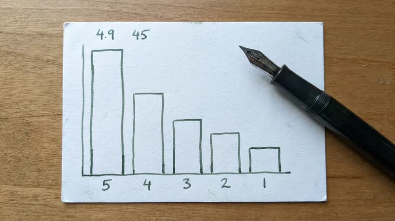 Hand-drawn bar chart of a 4.9 rating from 45 reviews on ruled index paper