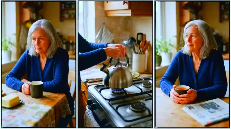 Three-panel photograph of the same woman with an empty mug, a kettle, and a finished cup of tea