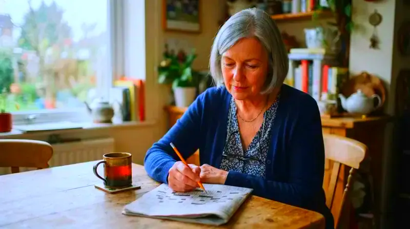A retired clerk at a kitchen table with a mug of tea and a crossword in pencil