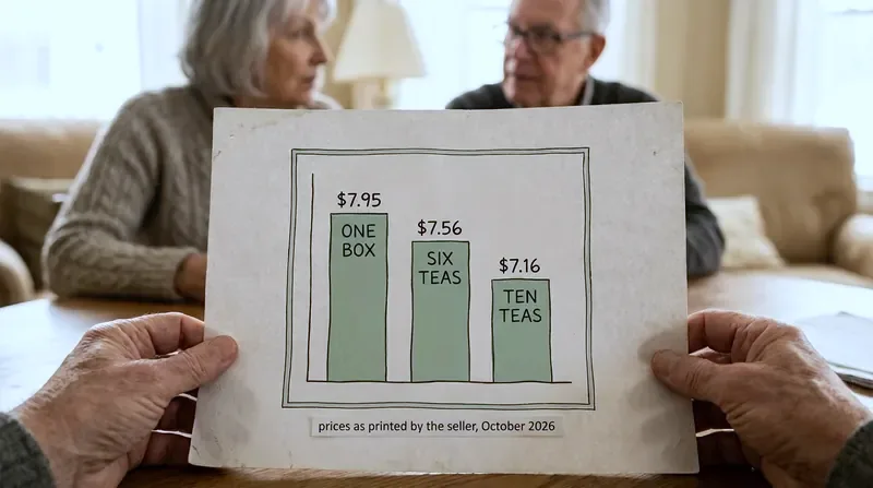 Editorial bar chart of tea box price tiers at $7.95, $7.56 and $7.16