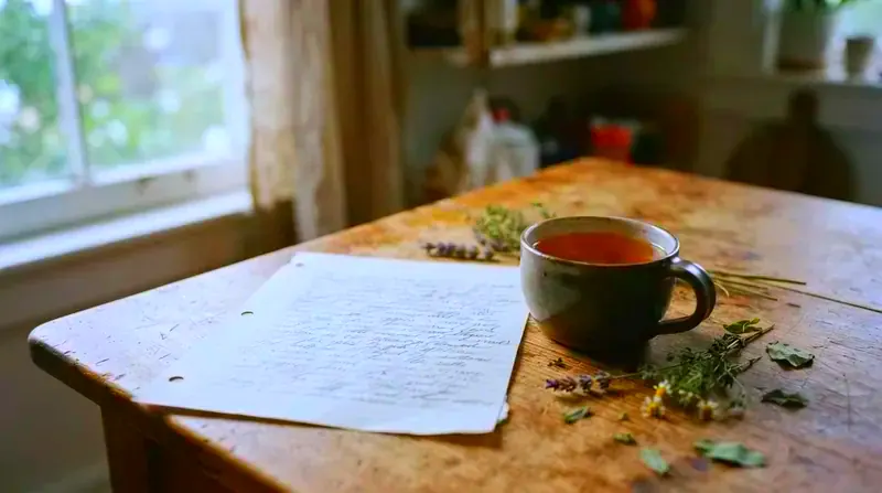 A handwritten kitchen docket on ruled paper beside a mug of tea, illegible script