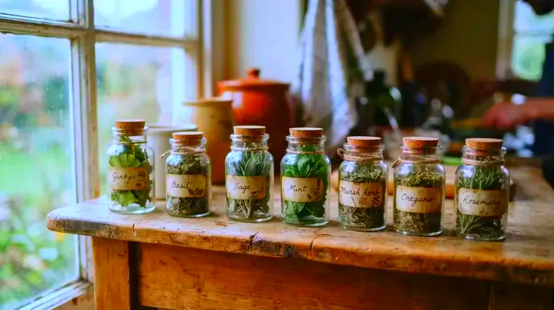 Seven small glass jars of dried kitchen herbs on a wooden shelf
