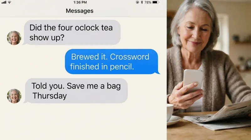 A plain screenshot of a short text-message thread about the afternoon tea