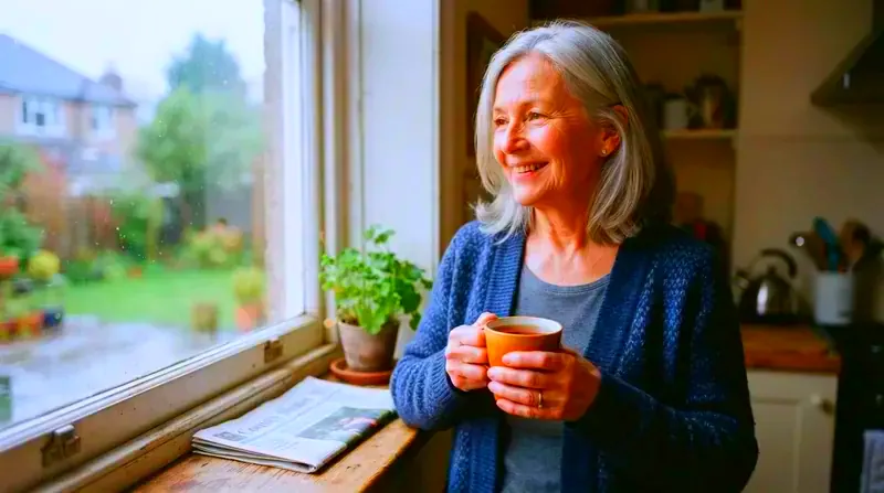An older woman smiling over a mug of tea at a kitchen window