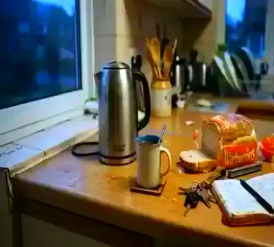 A kettle and a mug on a kitchen counter in afternoon light, slow pan