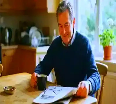 A quiet kitchen table with a newspaper and a mug in morning light, slow zoom out