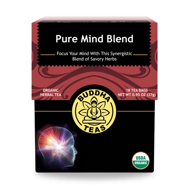 The Buddha Teas Pure Mind Blend box of 18 organic tea bags on a white kitchen counter